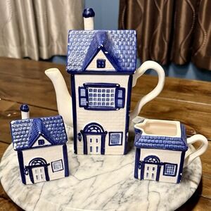 VTG 90s CKAO Blue White House Tea Set Pitcher Sugar Creamer Country Cottage Core